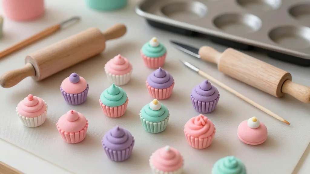 A close-up, overhead shot of a workspace with vibrant polymer clay on a silicone mat: multiple tiny cupcakes in pastel colors (pink, mint, lavender) with tiny frosting swirls, a small rolling pin, a craft knife, a toothpick for details, and a baking sheet in the background, all arranged to look like a tiny bakery setup. No text.