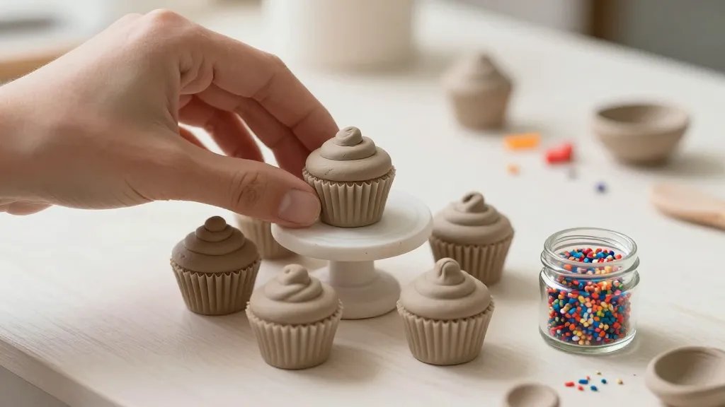 A staged miniature scene: a hand positioning a tiny clay cupcake on a display stand among a few completed mini cupcakes, with soft natural light, subtle shadows, and a small glass jar of glittery sprinkles nearby, onto a clean workspace with color-drenched clay scraps in the background. No text.