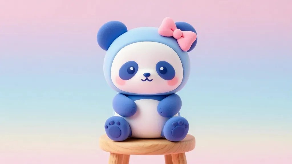 A single kawaii clay mascot perched on a miniature wooden stool: a pudgy blueberry-blue panda with large, glassy eyes, a tiny mouth, and chunky limbs, wearing a tiny pastel bow on one ear. The scene uses soft pastel lighting, a minimal pastel gradient background, and a gentle glossy finish on the clay to emphasize candy-coated charm.