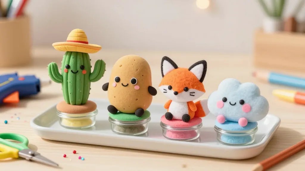 A bright, sunlit desk setup featuring a squad of kawaii desk buddies: a smiling polymer clay cactus wearing a tiny sombrero, a plush potato with round enamel eyes and a cheerful grin, a friendly felt fox with embroidered whiskers, and a pastel-colored jelly-soft cloud with blush cheeks. They sit on a painter’s tray with mini glass jars as bases, surrounded by craft tools (glue gun, mini scissors) and a sprinkle of glitter dust in the background. Neutral-toned desk surface, soft bokeh lights, no text.