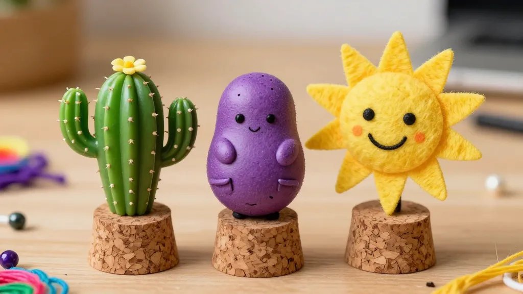 A close-up macro scene of three desk buddy characters arranged on cork bases: a glossy green cactus with a tiny flower, a chubby purple potato with tiny embroidered pockets, and a smiling felt sun with radiating felt rays. Include scattered craft materials (embroidery floss, beads) and magnetic bases under the corks, with warm desk lighting and shallow depth of field, no text.