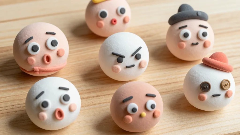 A close-up scene of several cute clay blobs with distinct personalities arranged on a light wooden surface, each blob featuring expressive faces (wide-eyed wonder, sassy raised eyebrow, sleepy droopy eyes), tiny accessories like a miniature scarf, hat, or button eyes, soft pastel colors, natural daylight with gentle shadows to emphasize texture and squishy clay details, no text.