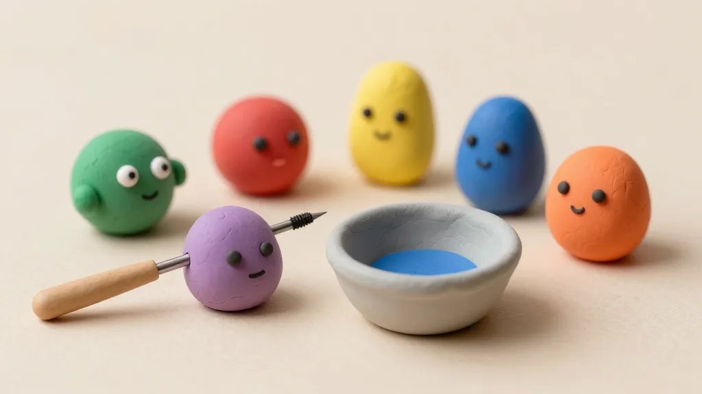 A playful setup showing a tiny clay blob studio: a blob with a tiny sculpting tool, a small bowl of colorful clay, and several finished blobs perched on a neutral backdrop, each with different color stories and expressions, vibrant yet cohesive palette, macro focus to highlight smooth clay texture and subtle gloss, no text.