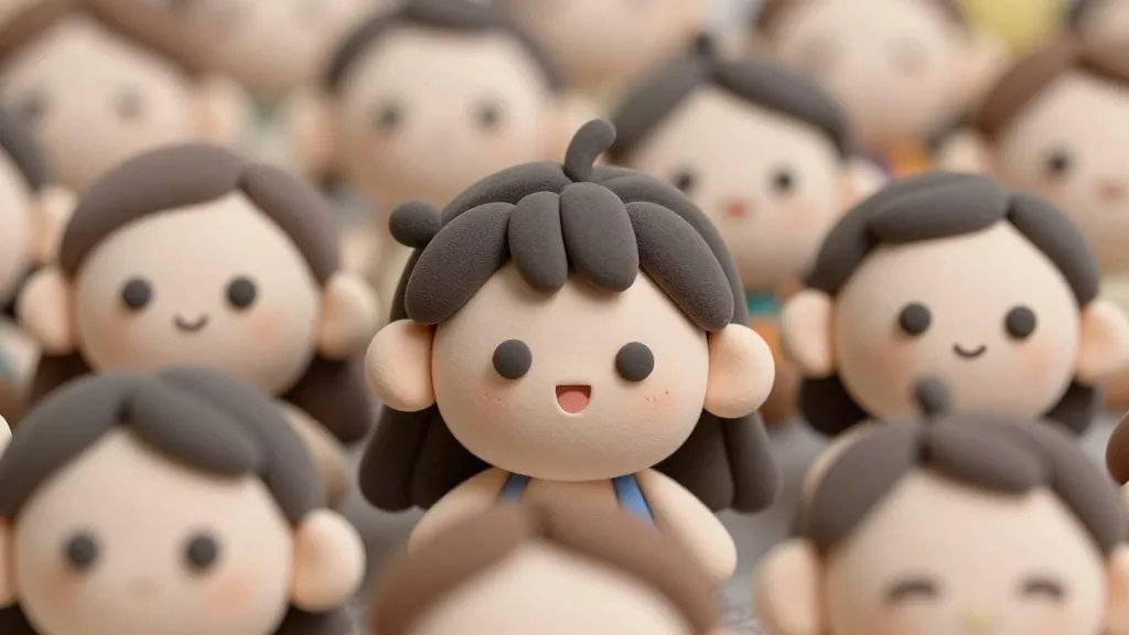 A close-up shot of a collection of chibi-style clay characters with oversized heads (