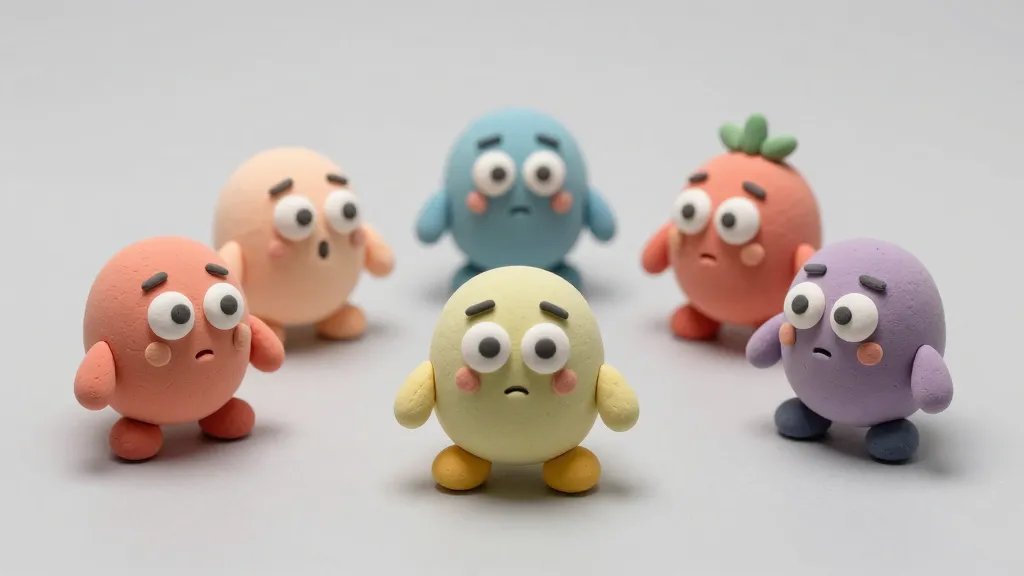 5–2x body), squat bodies, short limbs ending in tiny hands and feet, and expressive faces featuring big round eyes, small mouths, and cheeky eyebrows. Include a few colorful characters in pastel tones, arranged on a plain workspace with soft lighting and subtle shadows to emphasize the clay texture and handcrafted feel, no text.
