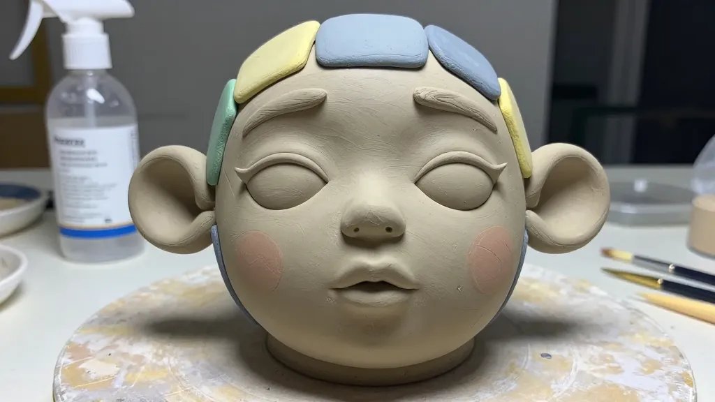 A whimsical clay bust in progress: a head with exaggerated features—long, quizzical eyelids, oversized ears, and a quirky tilt of the head—assembled from multi-colored slabs of air-dry clay; visible sculpting marks and tool textures throughout the cheeks and forehead, a soft matte finish, and a backdrop of a tidy workspace with a spray bottle mist and a few tiny paint brushes lying nearby.