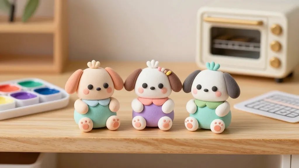 A cozy desk scene featuring an adorable mini kawaii crew made of air-dry clay, seated on a tiny wooden shelf. Include three characters with big round eyes, pastel outfits, and chewable-looking paws, plus a miniature acrylic paint set, a non-stick mat, and a tiny oven in the background. Soft natural lighting, warm color palette (peach, mint, lavender), no text.