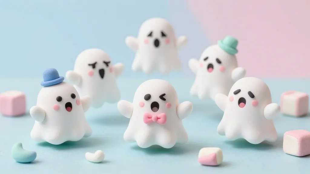 A whimsical, pastel-toned scene featuring several tiny clay ghosts with goofy, squishy expressions. They float above a soft, textured pastel surface in pale blues, pinks, and mint greens, with tiny accessories like a bow tie and a miniature hat. Include a subtle glow-in-the-dark effect on some ghosts and a few marshmallow-like imperfections (thumbs-shaped curves) for charm. No text in the image.