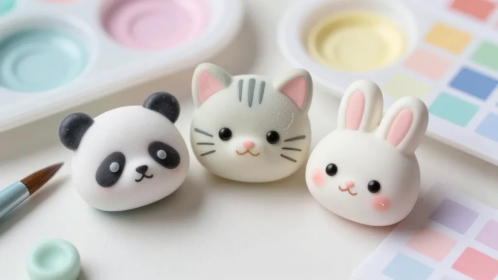 Close-up charmed faces and textures: macro shot of three pastel animal charms (one panda, one kitten, and one bunny) showing detailed faces with small blush, glossy resin highlights, and subtle stitching-like textures. Surrounding are fine brushes, a palette of pastel dyes, and a tiny swatch board with color blocks, all under soft, dreamy lighting to emphasize the cohesive pastel palette.
