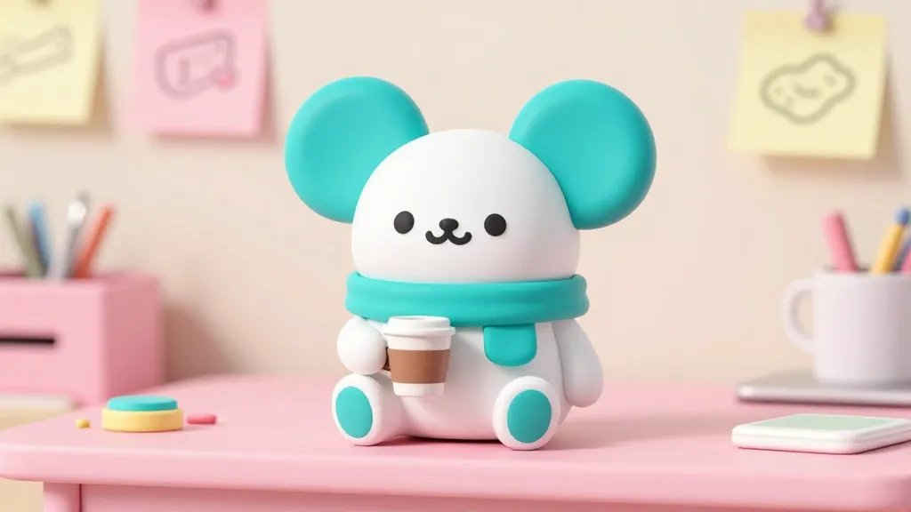 A pocket-sized mascot with a bold, recognizable silhouette: a small, chubby creature with oversized round ears, wearing a tiny scarf in a bright teal color, sitting on a pastel pink desk, holding a miniature coffee cup; the background is a soft blurred workspace with doodles and sticky notes, conveying a friendly, wholesome vibe and a subtle nod to the brand’s purpose.