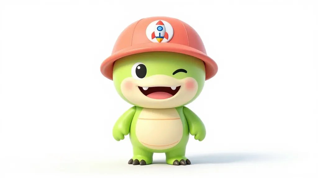 A cheeky, compact mascot character standing upright, featuring a distinctive accessory like a small hat with a rocket emblem and a color palette of lime green, coral, and cream; the mascot has a wide, mischievous smile and expressive eyes, posing against a clean white backdrop with a faint vignette to emphasize its size and shareable charm.