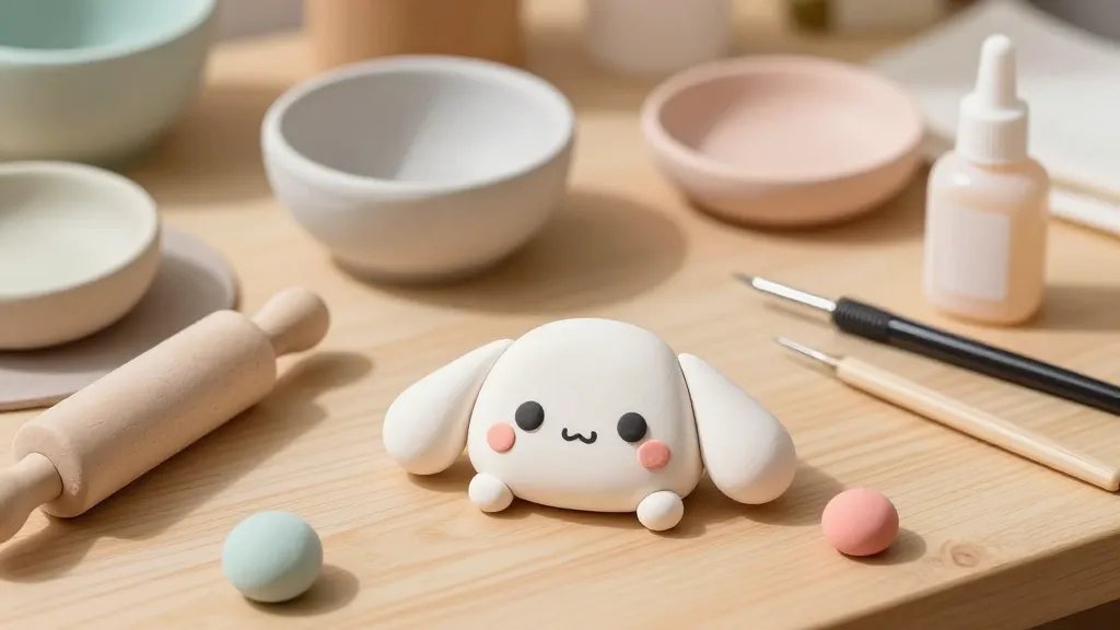 A cozy, sunlit tabletop workspace with a small clay studio setup: pastel-colored soft polymer clay in bowls, a tiny rolling pin, ball-end and needle tools, non-stick mats, and a glossy sealant bottle. In the foreground, a partially completed kawaii clay character with a rounded main body, big expressive eyes, rosy cheeks, and a tiny blush, surrounded by soft pastel colors and minimal clutter, all rendered in a warm, cute, hand-crafted style without text.