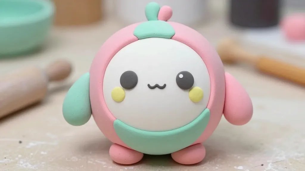 Close-up on a clay character design in progress: a simple, rounded silhouette forming a chibi-like creature with oversized eyes, a small smile, and pastel color blocking (pink body, mint accents, and a light yellow dot for highlight). Include visible clay seams and tool marks, a tiny rolling pin and shaping tools nearby, and a soft-focus background of a tidy workspace to emphasize the process of creating kawaii characters. No text.