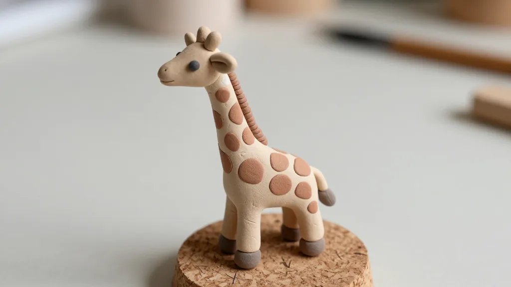 A close-up of a tiny giraffe clay sculpture in sandy beige with warm brown patches and a white highlight, perched on a small cork-based base, with delicate tool marks visible and a soft, neutral crafting workspace in the background (natural light, minimal clutter), no text.