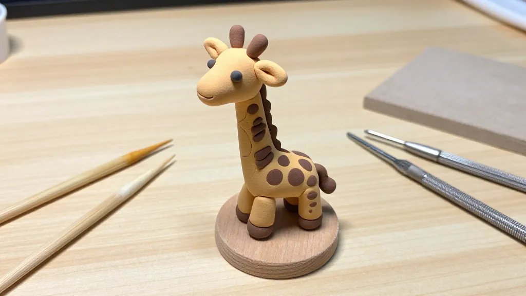 A mid-shot of a finished mini giraffe clay figurine arranged on a simple wooden base, showing subtle painted facial details and a glossy sealant finish, surrounded by the included tools (toothpick, needle tool, dotting tool) and a small clay slab, warm ambient lighting and a clean, uncluttered craft table visible.