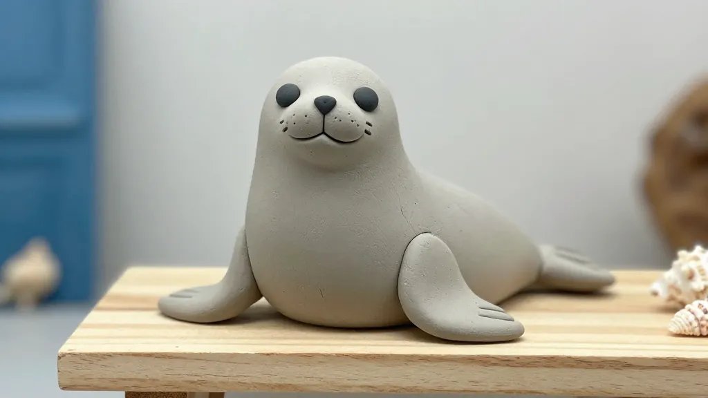 A whimsical, sitting seal sculpture made of light gray air-dry clay on a small wooden shelf, featuring a rounded blobby belly, button-like black eyes, a tiny goofy smile, delicate whiskers, and flippers splayed in a cute pose; soft natural lighting, subtle texture on the clay to show handmade imperfections, background hints of ocean-blue decor and tiny seashells.