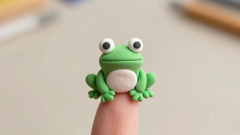 A close-up scene of a tiny, smiling clay frog perched on the tip of a human finger, with exaggerated googly eyes and small wriggling toes. Soft pastel studio lighting, neutral crafting table background, subtle shadows, no text or branding in the image.