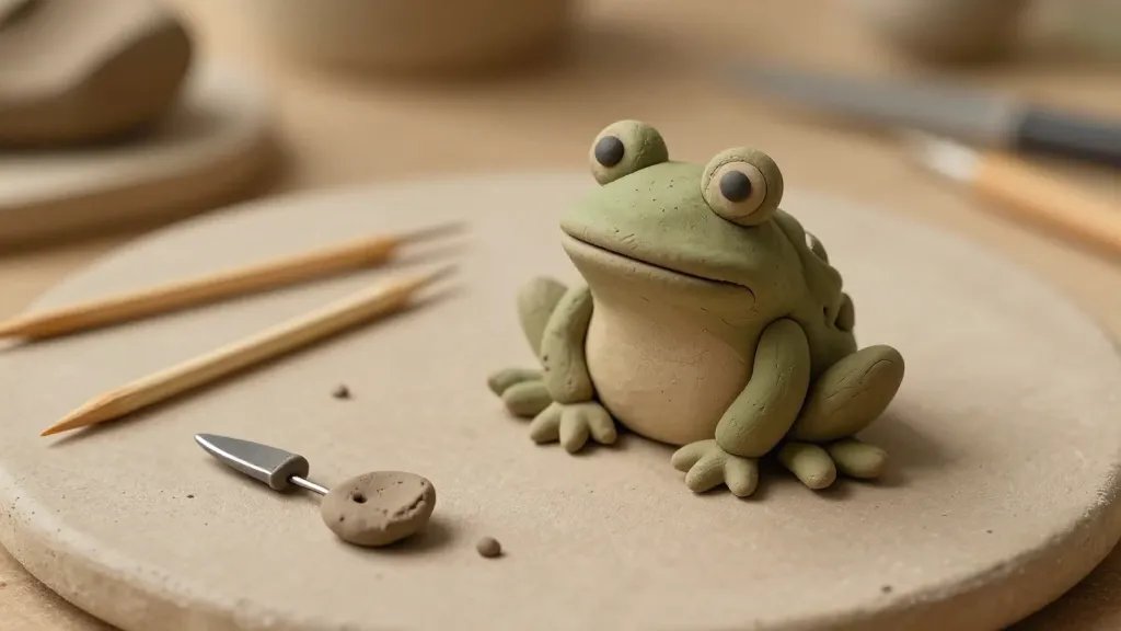 A whimsical still-life of a mini clay frog sitting on a small clay workspace: tiny tools (toothpick, needle, small knife), a few clay scraps, and a partially finished frog with a playful grin. Warm, cozy lighting, focus on texture of air-dry or polymer clay, no text.
