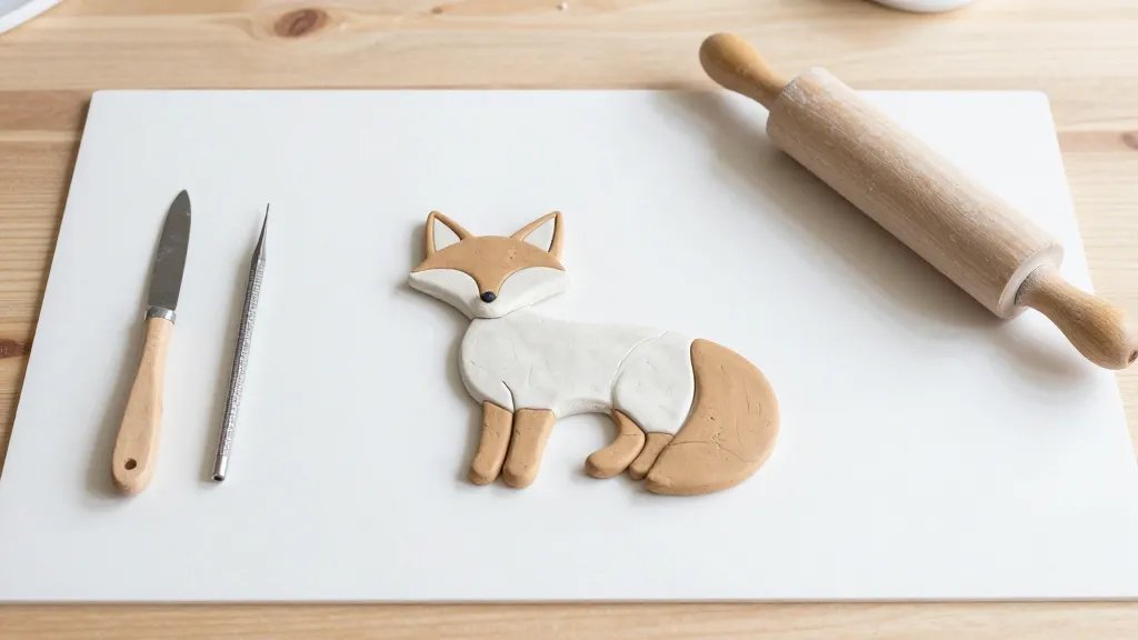 A bright, inviting crafting table scene with a beginner-friendly clay setup: white and light brown air-dry or polymer clay laid out on a clean mat, a small knife, a needle tool, and a rolling pin arranged neatly; a partially formed adorable fox sculpture in progress at the center, with soft natural lighting, no text visible on the image.