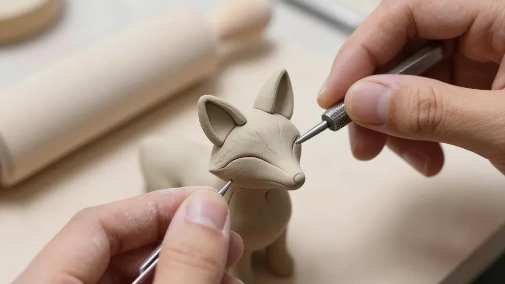 Close-up macro shot of hands shaping a tiny fox sculpture from clay: tools in use (rolling pin, needle tool) and a smooth surface in the background; focus on the fox's ears and snout being molded, showcasing beginner-friendly clay textures and subtle seams, with a faint, unobtrusive workspace backdrop and no text on the image.