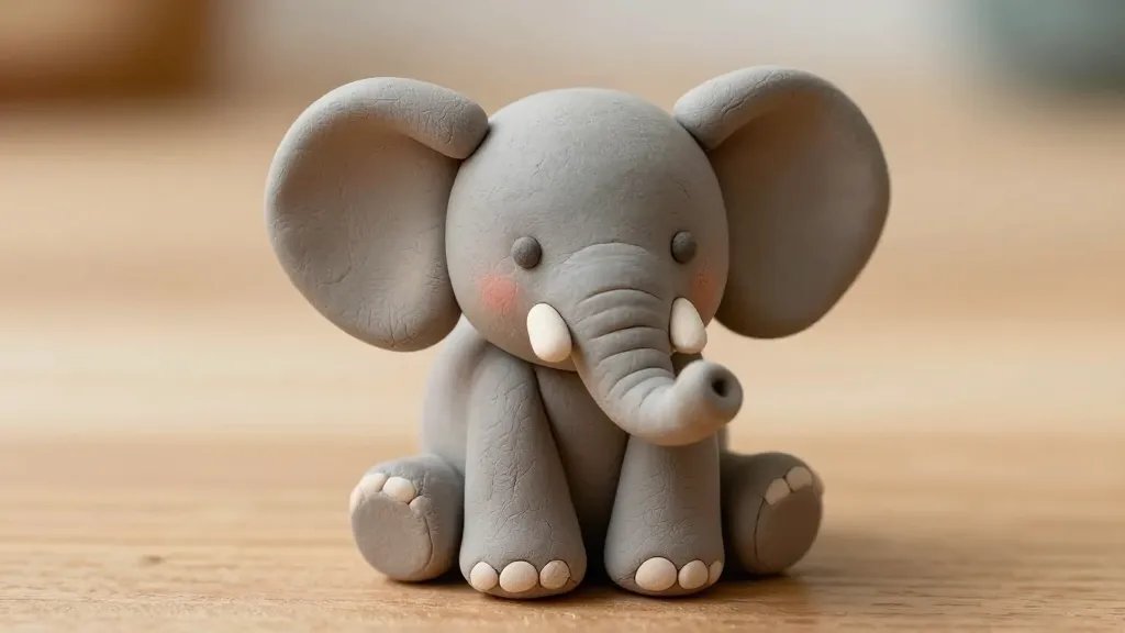 A high-resolution close-up of a tiny baby elephant clay figure perched on a smooth wooden surface, showcasing soft gray clay with subtle pink blush on the cheeks, oversized floppy ears, a tiny curved trunk, and a rounded belly; the lighting is warm and diffused to emphasize the delicate texture of air-dry clay, with a shallow depth of field that softly blurs the background.