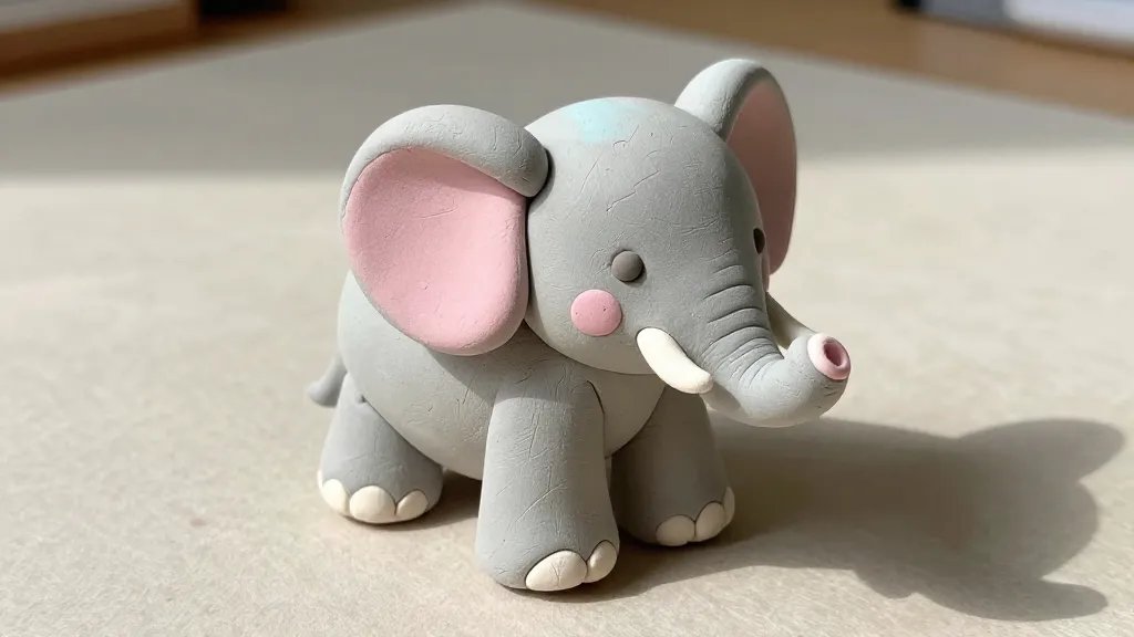 A hand-sized baby elephant clay sculpture in pastel colors (soft gray body with light pink cheeks and a hint of pastel blue or mint on the ears), posed with a gentle tilt of the head to convey personality; include visible clay tool marks and a faint seam line for a handmade look, sitting on a neutral-toned craft mat with natural daylight casting soft shadows.