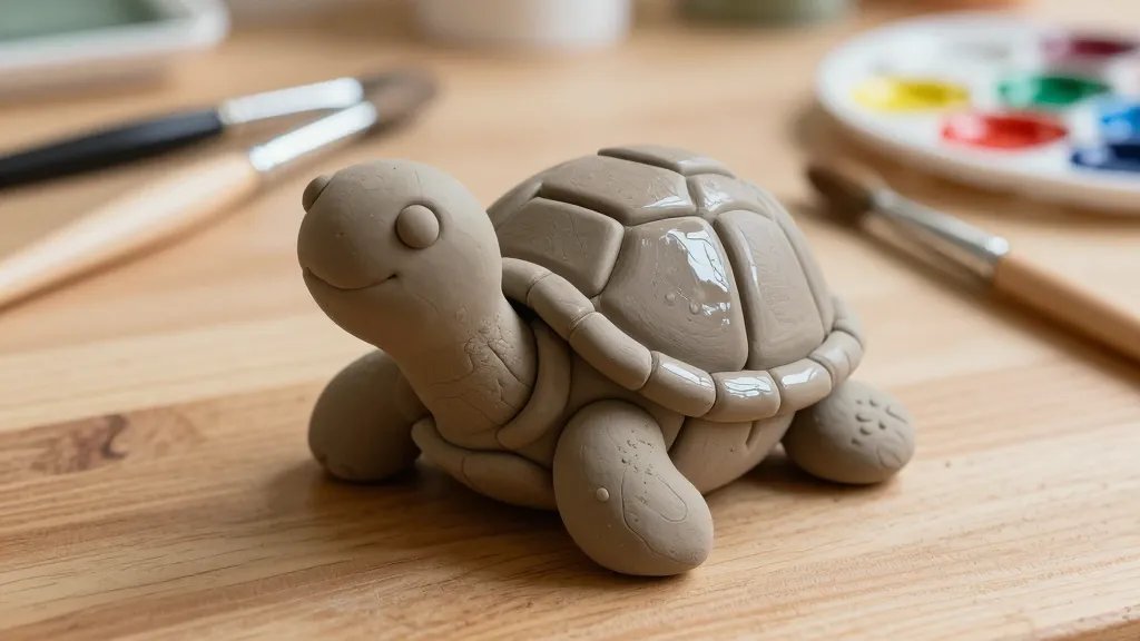 A close-up of a hand-sculpted smiling turtle figure in progress, made from air-dry clay with a glossy, tiny glaze finish; the turtle sits on a wooden tabletop with sculpting tools, a slick water brush, and a small palette of acrylic paints in the background, soft natural light highlighting the cheerful expression and textured shell.