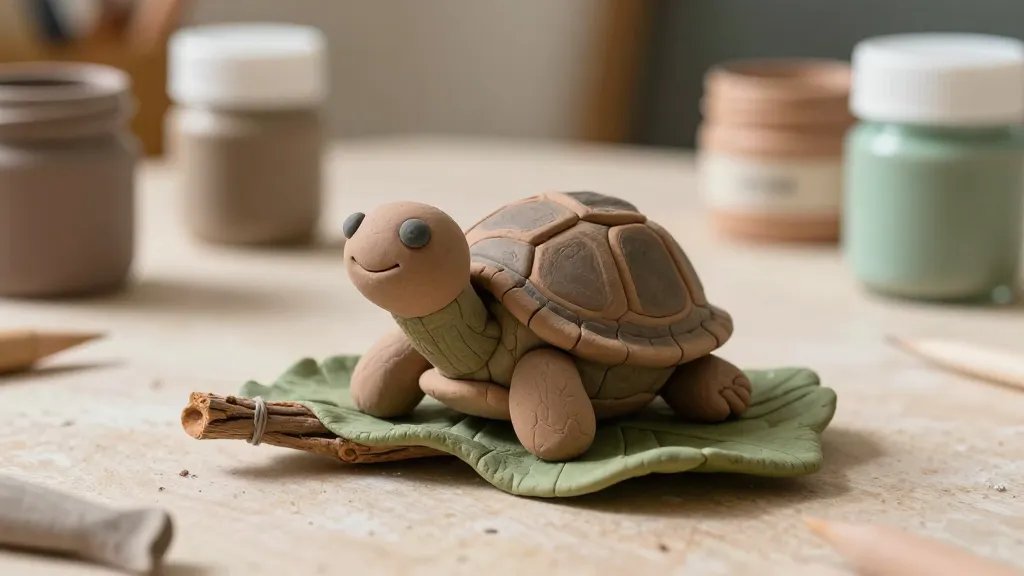 A whimsical mini scene featuring a completed smiling clay turtle perched on a leafy twig habitat, with a subtle backdrop of a sunlit craft table and jars of clay and glaze; the turtle's face radiates personality, capturing a playful, weekend DIY vibe without any text or humans visible.