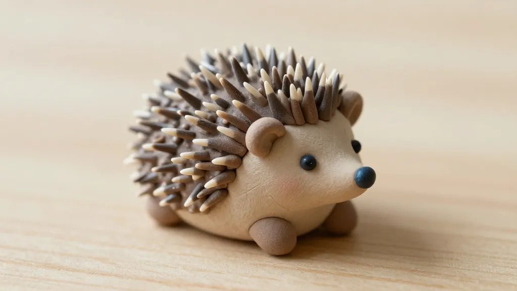 A close-up scene of a tiny handmade hedgehog clay figure resting on a light wooden surface, showing delicate textures of the spines sculpted with fine tools, a small rounded belly, and a cute face with bead eyes and a tiny painted nose; soft natural lighting, shallow depth of field, with minimal background clutter to emphasize the craft details and the glaze catching a subtle shine on the hedgehog.