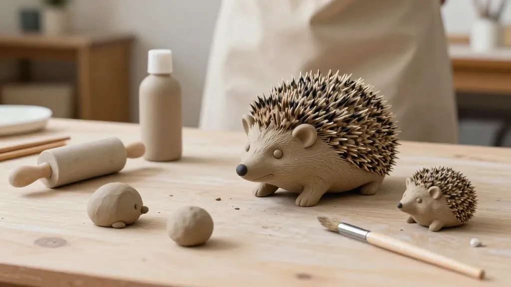 A step-by-step style still life composition of a hedgehog clay project in progress: a tiny rolling pin, a capped bottle flattening clay, a few textured hedgehog pieces at different stages (unfired clay, smooth belly, textured quills), tiny sculpting tools and a mini brush nearby; warm, inviting studio backdrop with a light apron and sparse supplies, focusing on the handmade, imperfect charm of a weekend diy project.