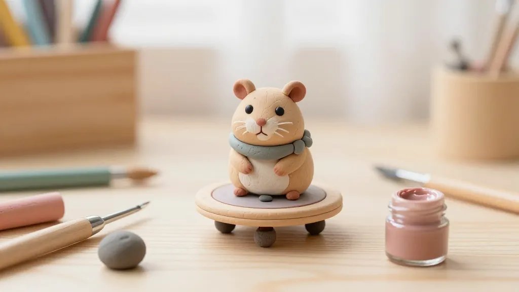 A cozy designer workspace scene featuring a small clay hamster on a tiny spinning wheel, surrounded by miniature crafting tools, pastel clays, and a tiny jar of glossy glaze. The hamster should have a cute, expressive face with bright eyes, wearing a tiny scarf, and the background includes soft natural light and light wood textures to convey a warm, inviting DIY vibe.