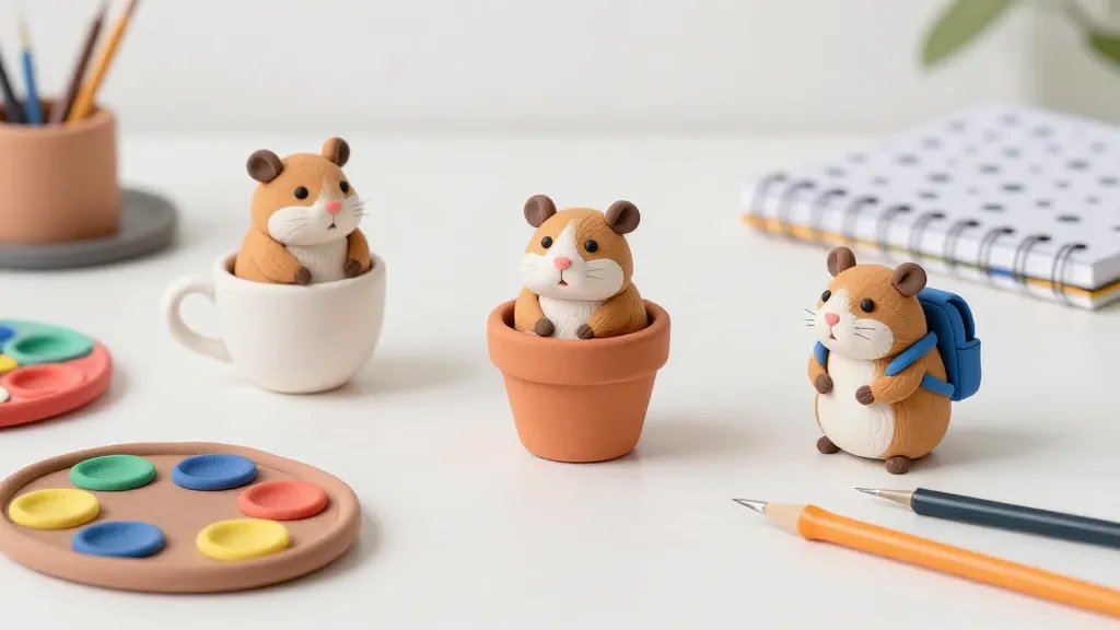 A playful desktop setup with multiple tiny clay hamsters posed in goofy positions: one perched on a miniature teacup, another sitting inside a tiny flowerpot, and a third wearing a miniature backpack. Include an assortment of colorful clay palettes, sculpting tools, and a polka-dotted notebook, with a clean, bright, and whimsical aesthetic and no text visible in the image.