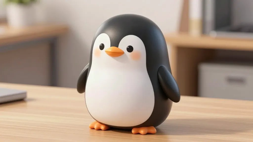 A whimsical, chubby penguin desk sculpture in a cute style: round plump belly, small head, stubby wings, glossy smooth surface, black body with white belly, tiny orange beak and feet, soft pastel lighting, subtle shadows, positioned on a wooden desk with a blurred office shelf in the background; high-detail close-up showcasing plush texture and gentle shading, no text.