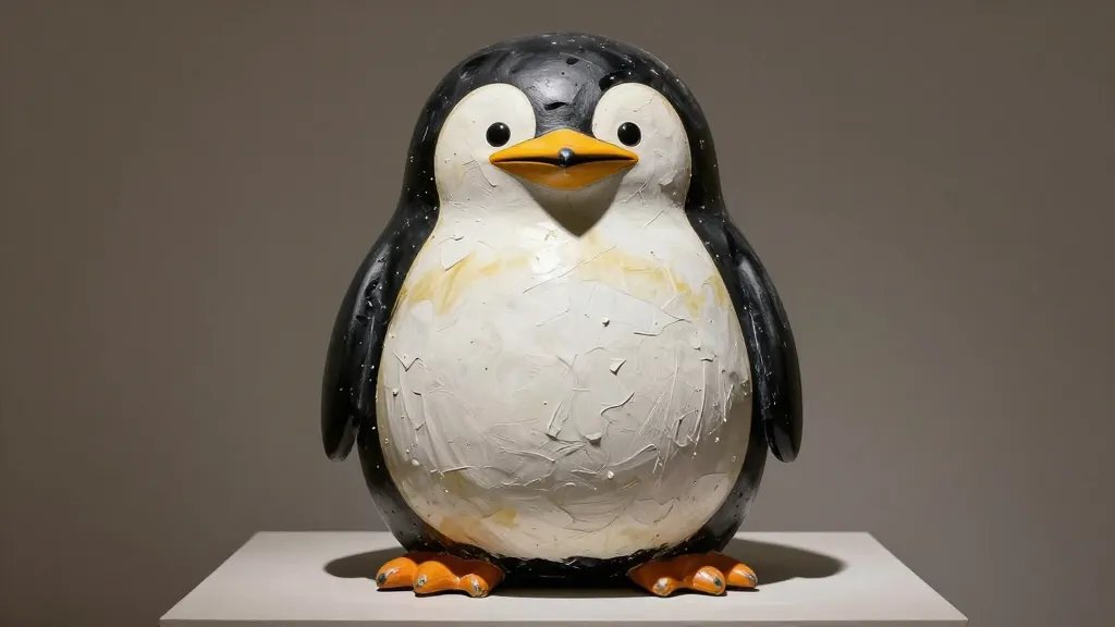 An artsy, abstract chubby penguin sculpture: exaggerated proportions with a chunky belly, oversized feet, and textured surface combining black, white, and a hint of yellow-orange for beak and feet; matte finish with visible acrylic paint accents and glass-like eyes; set on a minimalist pedestal against a neutral studio backdrop, dramatic lighting to emphasize texture and form, no text.