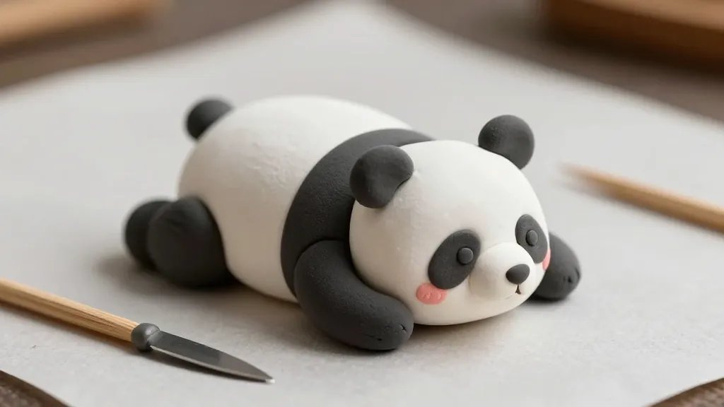 A close-up shot of a tiny palm-sized clay panda resting on a plain parchment surface, showing the panda made from white and black air-dry clay with subtle pink cheeks, delicate tiny details, a small knife and a toothpick nearby, and a soft, ambient studio light highlighting the panda’s squishy charm (no text on image).