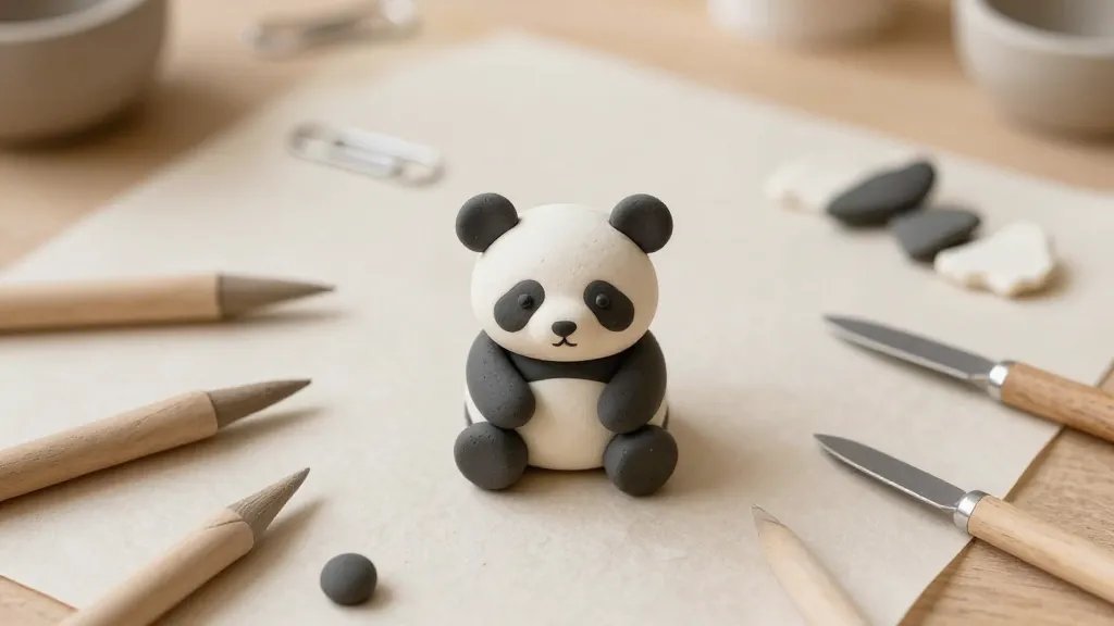 Top-down composition featuring the tiny panda in the center surrounded by basic clay tools (dotting tool, paperclip end, small knife), a sheet of parchment paper, and a few scraps of white and black clay, with a gentle shallow depth of field and warm, craft-room lighting to emphasize beginner-friendly, playful mood (no text on image).