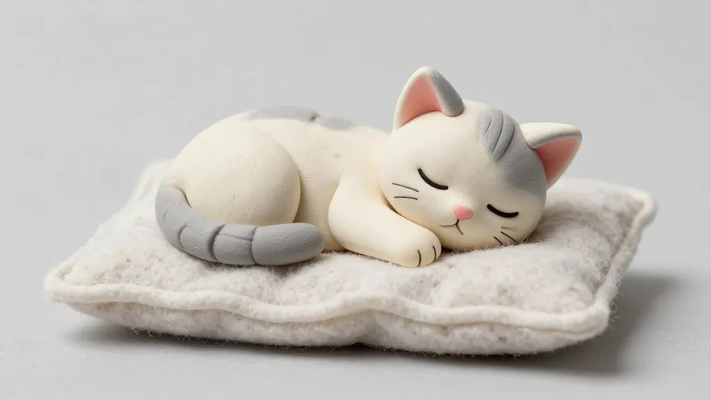 A tiny sleeping kitten crafted from soft-colored air-dry polymer clay (cream body, light gray shading) curled up on a miniature felt blanket with a delicate pink nose and tiny black whisker dots, resting on a smooth clay pillow. The scene is lit to highlight gentle textures and a plush-gloss finish, with a subtle studio backdrop and no visible text.