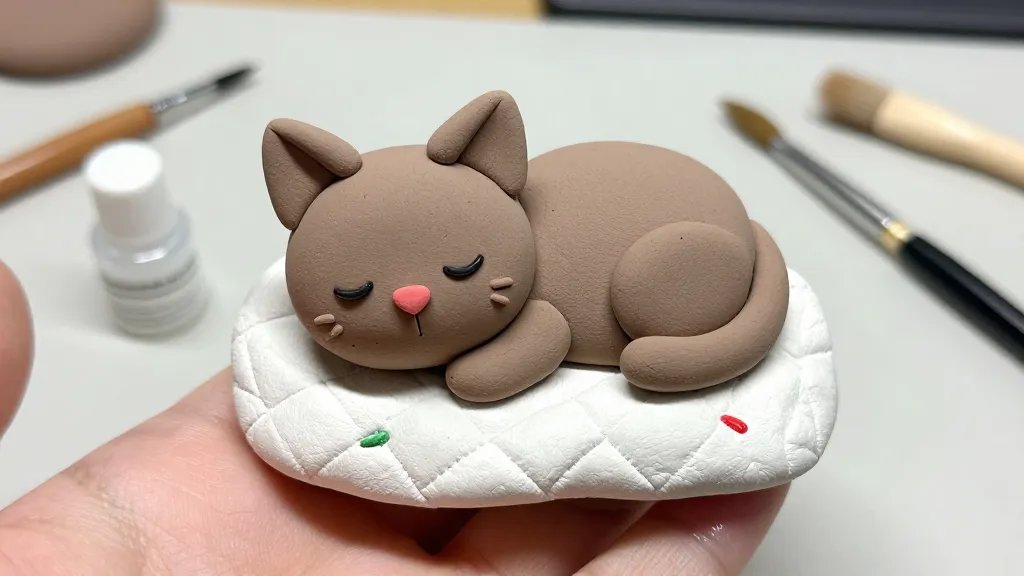 A hand-holdable clay sculpture close-up: a pocket-sized kitten asleep with a matte clay body, tiny glossy eyes closed, pink nose, whisker dots, and a tiny embroidered-look blanket beneath. Include fine tools, a small brush, and a dab of gloss varnish nearby on a clean workspace to emphasize the crafting process, no text.