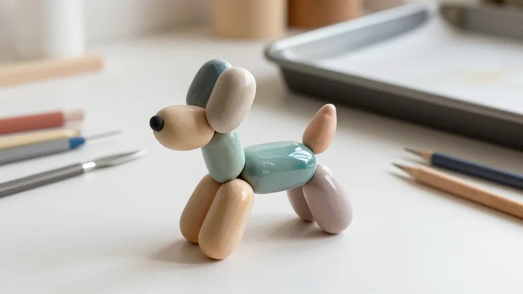 A close-up scene of a handmade polymer clay balloon dog sculpture on a clean, sunlit workbench. The dog should have smooth, glossy surfaces with a subtle shine from a glaze, vibrant colors chosen from a painterly palette, and visible polymer clay texture minimal. Include scattered clay tools (needle tool, blade, fine sandpaper) and a parchment-lined baking tray in the background, with a soft, inviting kitchen-studio vibe.