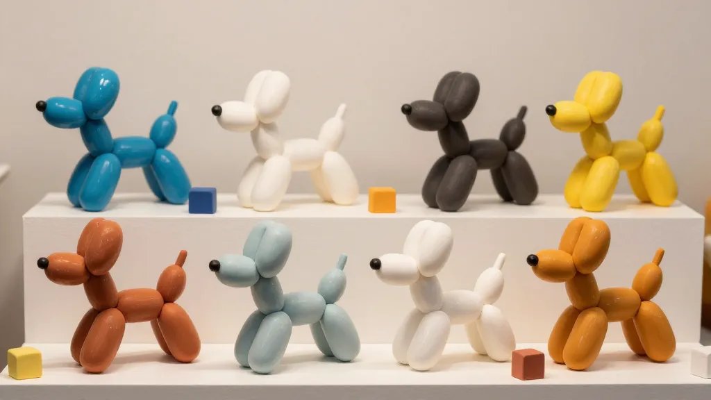 A mid-shot, studio-style arrangement showing multiple color variants of polymer clay balloon dogs on display shelves. Each sculpture should be glossy and well-lit to emphasize their durable, keepsake quality, with a professional bake-and-glaze finish. Include a few color swatches or clay blocks nearby to suggest color planning, and a neutral backdrop to keep focus on the sculptures.