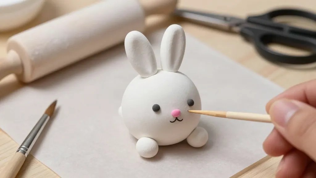 A close-up scene of a handmade adorable bunny clay figure being sculpted on a clean workspace: white polymer clay with pink nose, tiny details being added with a toothpick, a smooth rolling pin, parchment paper, a small brush for texture, and a pair of safety scissors in the background; soft, warm lighting and no text on the image.