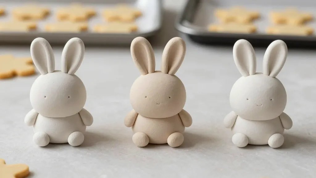 A step-by-step style still life showing a progression: a fluffy bunny clay figure at three stages (blank, halfway shaped with ears rising, finished with subtle cheeks and tiny eye details), with a cookie sheet for baking and parchment paper, in a tidy crafting area with neutral colors; no text on the image.