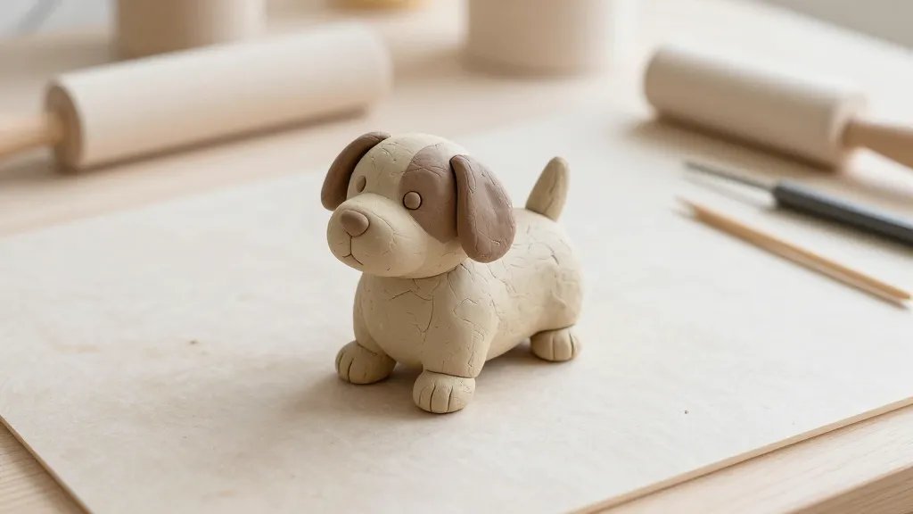 A bright, cozy crafting workspace featuring a simple clay puppy in progress: a hand-sculpted brown and cream puppy with a rounded body and floppy ears, placed on a parchment-covered mat, with basic tools (roller, needle tool, toothpick) nearby, soft natural light, no text on the image.