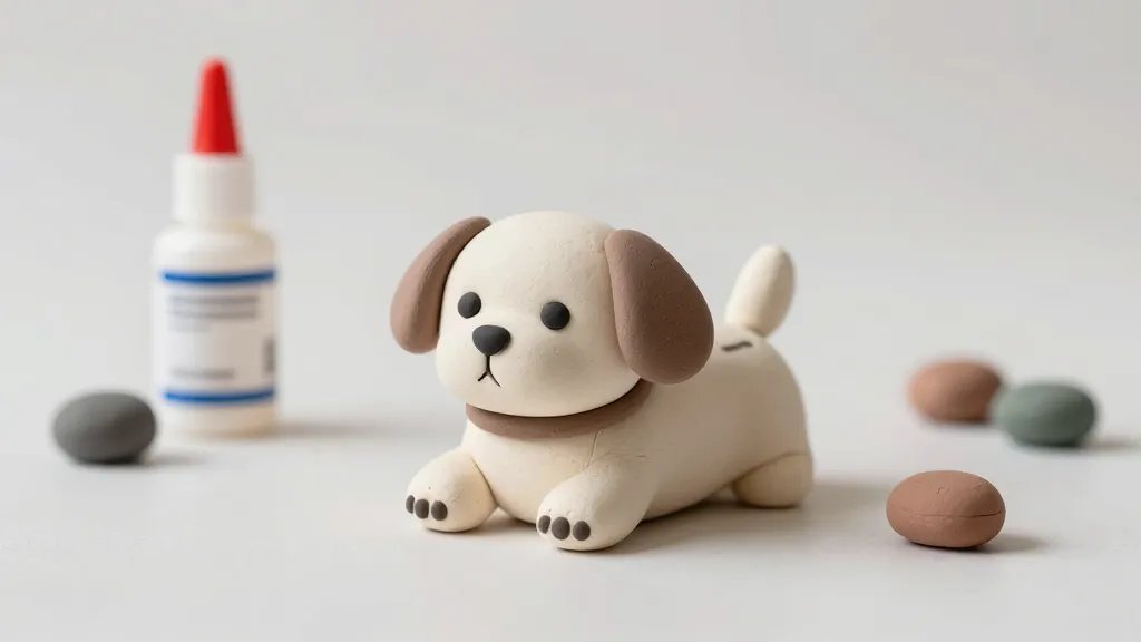 A finished cute clay puppy resting on a clean surface, with subtle acrylic paint detailing on the face and paws, a small bottle of glue and a few color clay lumps in the background, all on a plain or softly blurred backdrop to emphasize the completed project, no text on the image.
