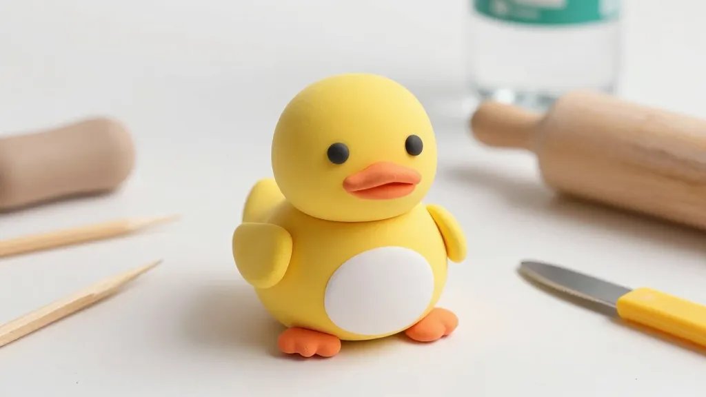 A close-up studio shot of a cute yellow clay duck in progress: smooth yellow body with white belly, orange beak and feet, tiny black clay eyes, placed on a clean workspace with simple clay tools (toothpick, plastic knife, rolling pin) and a bottle of water for smoothing; soft natural light, subtle shadows, no text on the image.