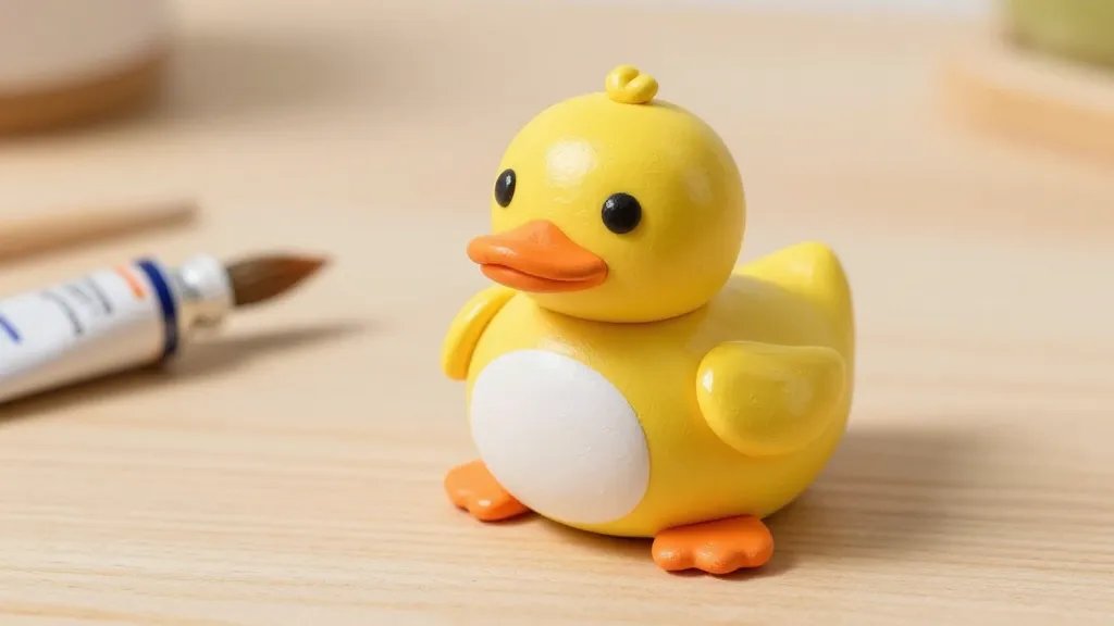 A finished clay duckling scene: a small, glossy yellow duck with orange beak and feet, white belly, black eyes, perched gently on a neutral wooden table with a tiny brush and a tube of acrylic paint nearby; a light glaze sheen giving a subtle shine, no text on the image.