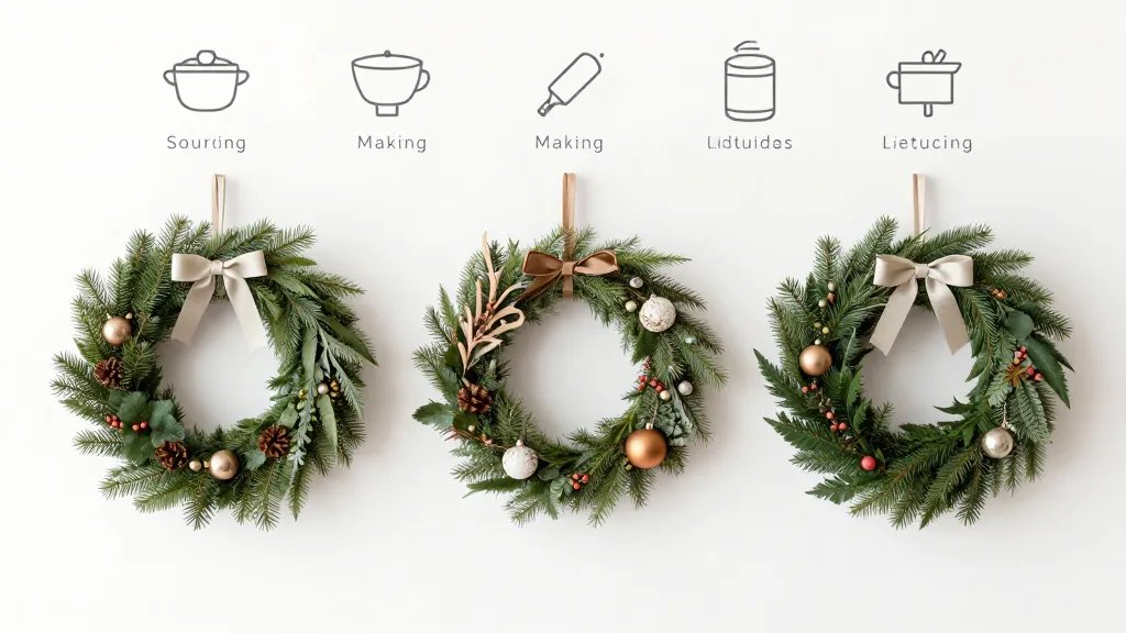 A concept-forward scene of a small creator’s storefront or online shop mockup display, featuring three distinct handmade products tied to a year-round niche (e.g., fairy-tavorite holiday wreaths reimagined as year-round decor, rustic ornaments, and seasonal gifts), with a clear, repeatable process infographic style backdrop (minimalist icons representing sourcing, making, listing) but no text.