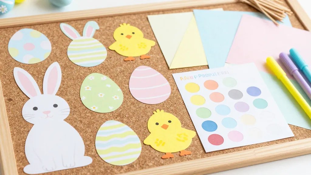 A close-up flat lay of an Easter printable kit components spread out: cut-out bunny and chick templates, egg shapes with pastel patterns, printable color guide, folded construction paper, markers, and a small pile of wooden craft sticks, all arranged on a corkboard or craft mat with subtle Easter elements in the background, no text on the image.