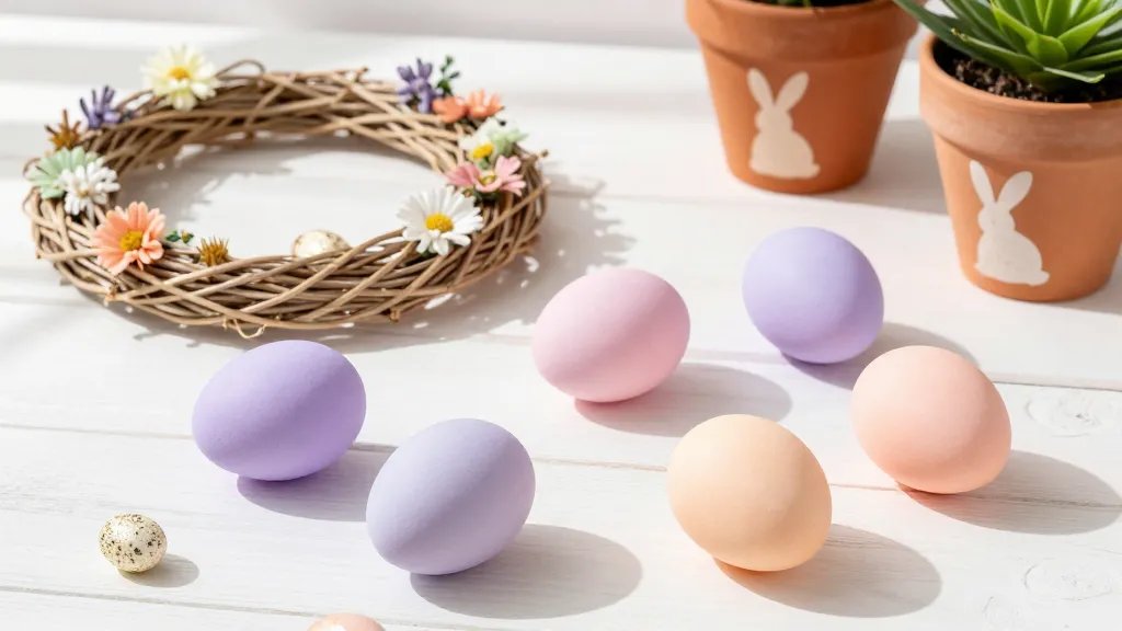 A bright Easter tablescape scene featuring soft pastel gradients on decorative eggs (lavender to peach), a woven natural twine wreath with layered dried florals in pastel hues, and terracotta planters with dainty bunny motifs, set on a white wood table with light sunshine streaming in; include subtle metallic accents (gold or rose gold) and gentle shadows to convey a fresh, cozy spring mood, no text.