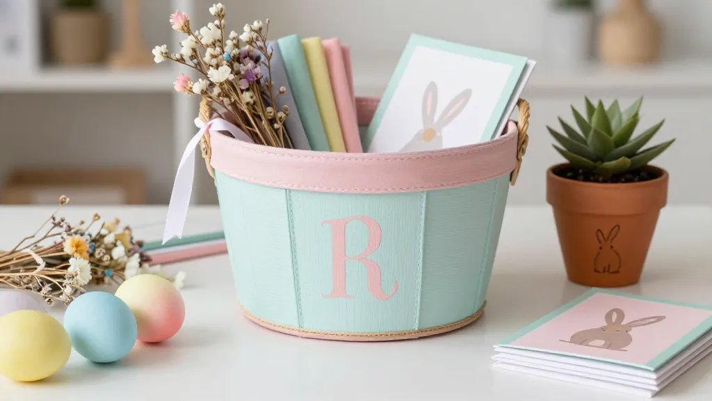An Etsy-inspired craft workspace showing a personalized basket upgrade concept: close-up of a hand-painted pastel basket with custom initials, surrounded by diy supplies (pastel ribbons, dried florals, soft gradient Easter eggs), a small terracotta pot with a hand-drawn bunny motif, and a stack of handmade cards in blush pink and seafoam green, all in a warm, softly lit home studio setting; no text.